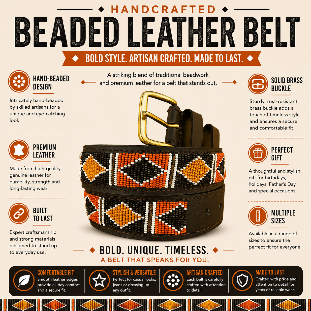 Handcrafted Maasai Belt - Black Orange Geometric