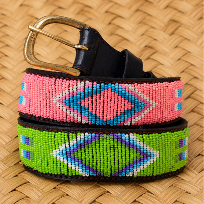 Handcrafted Maasai Belt - Pink Green Geometric