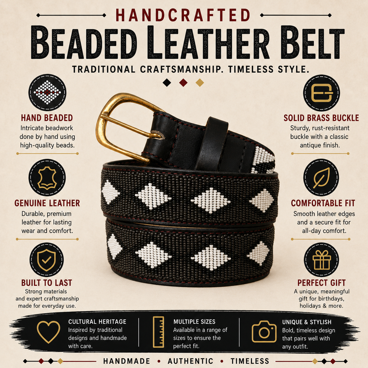 Handcrafted Maasai Belt - Charcoal Gray Geometric