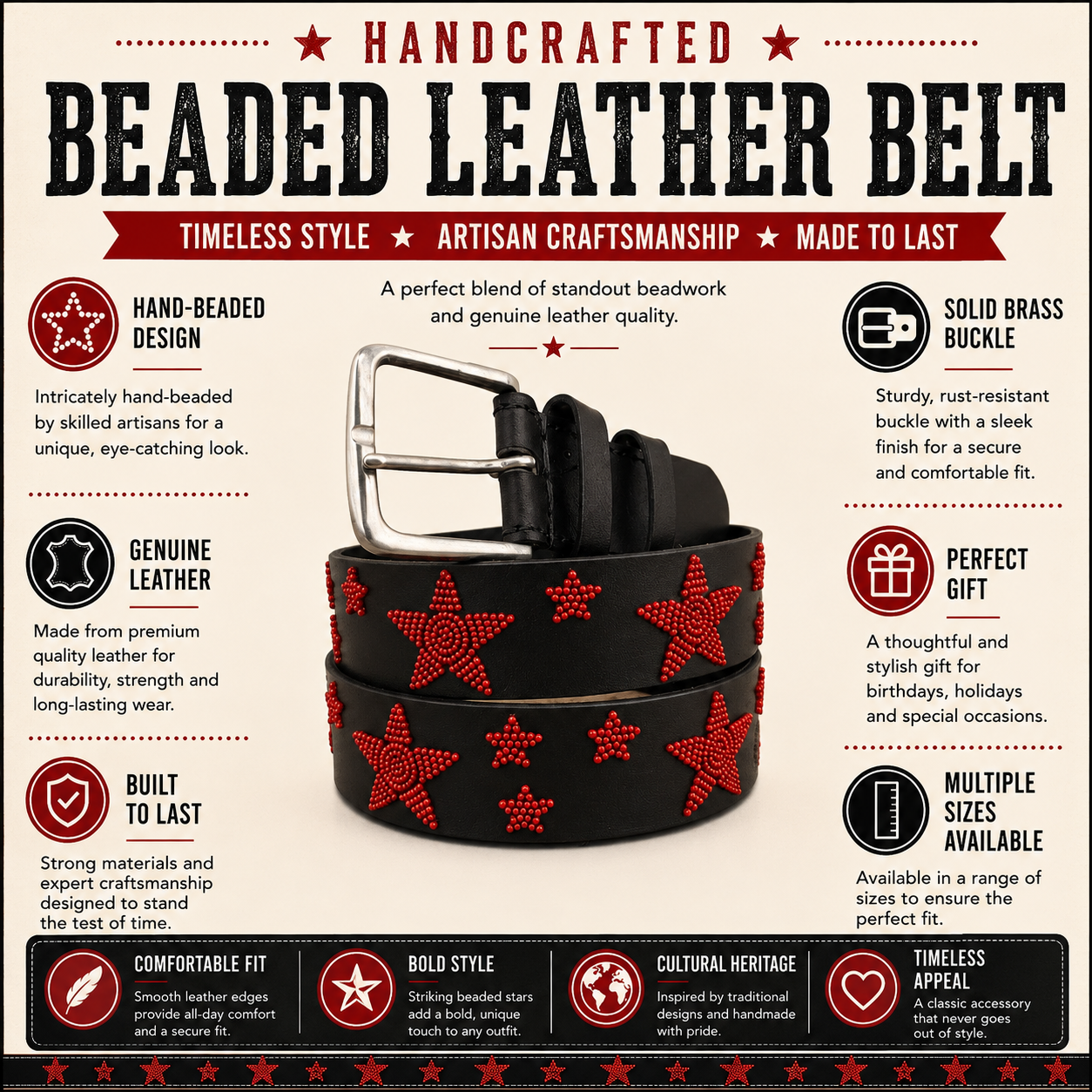 Handcrafted Maasai Belt - Red Stars