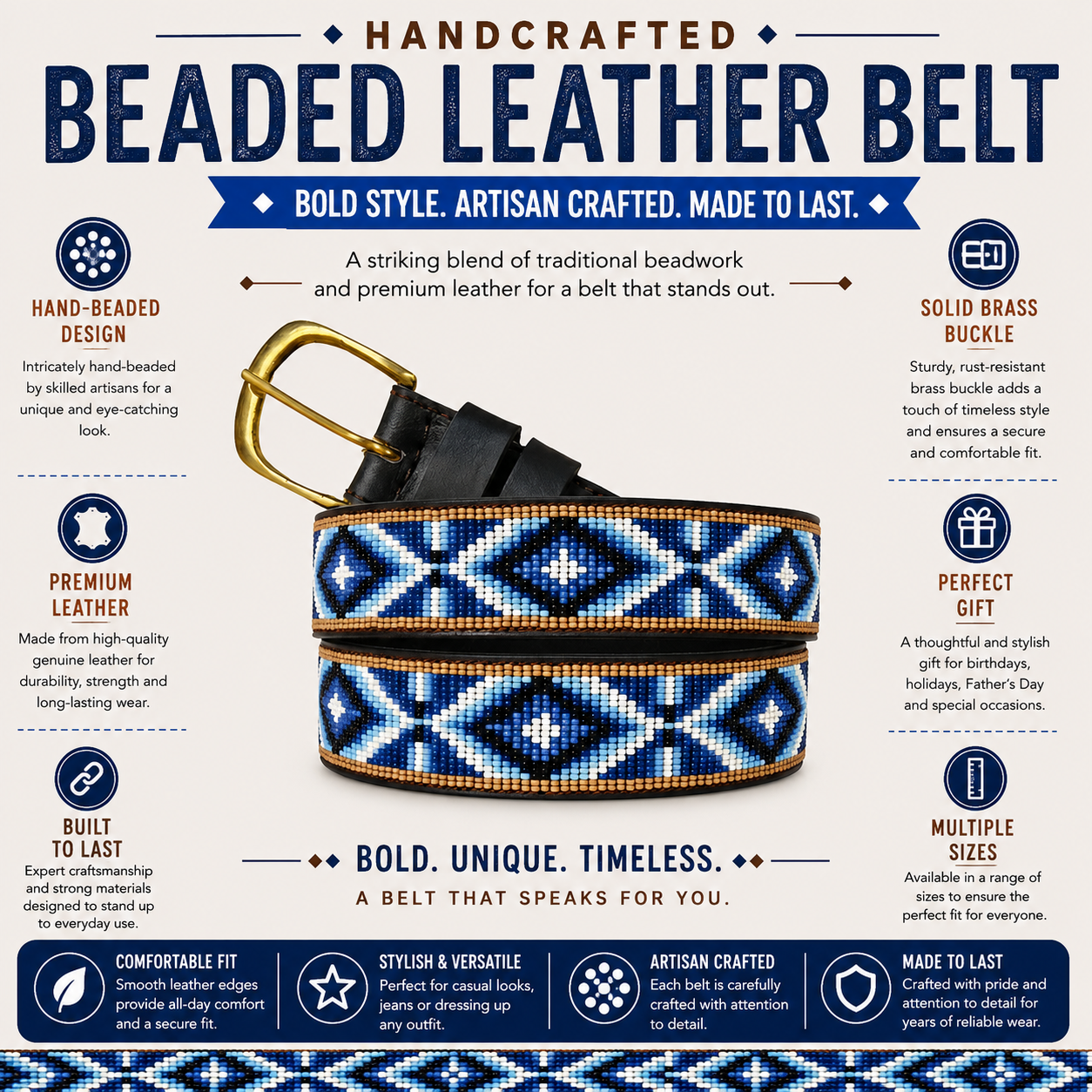 Handcrafted Maasai Belt - Navy Blue Native