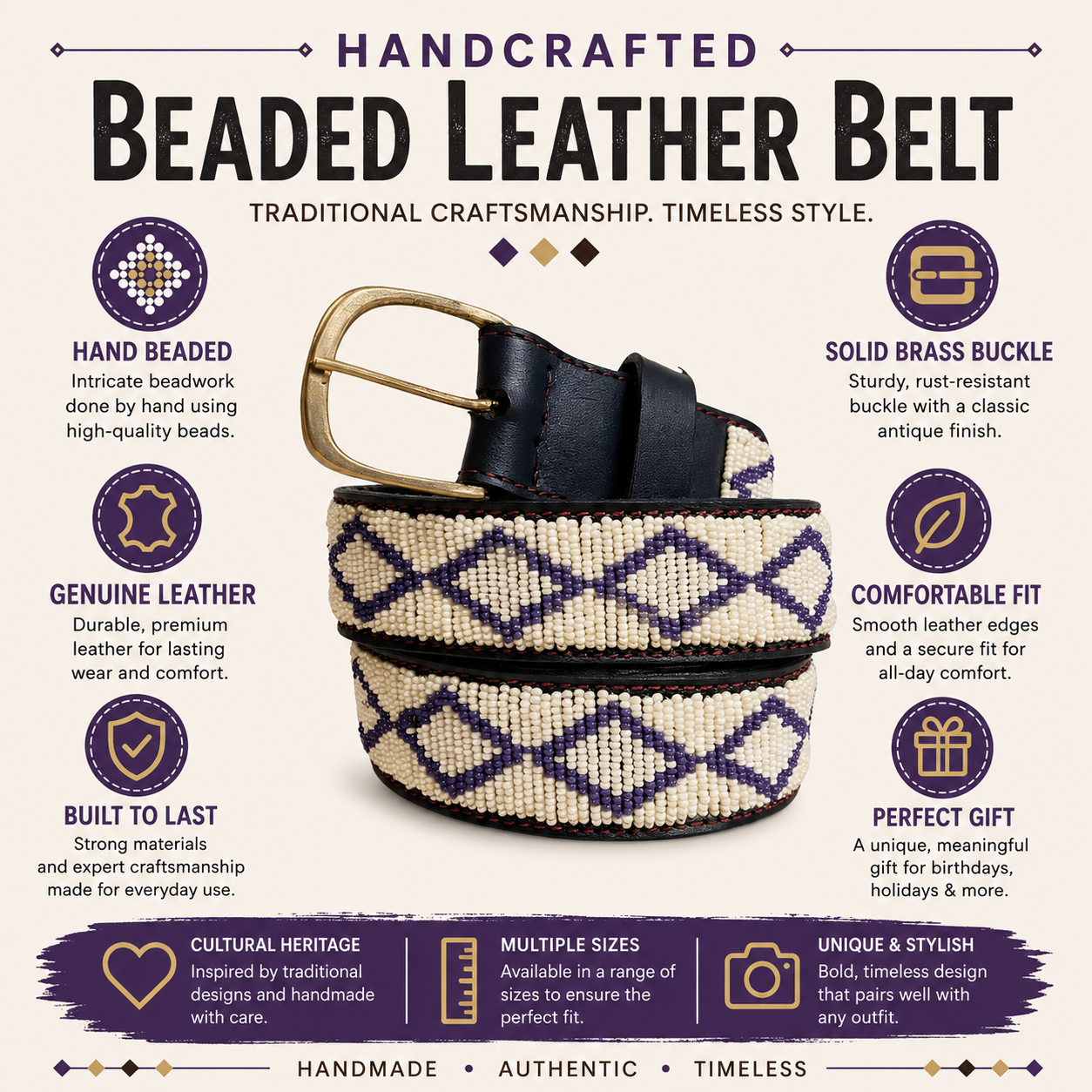 Handcrafted Maasai Belt - Ivory Gray Geometric