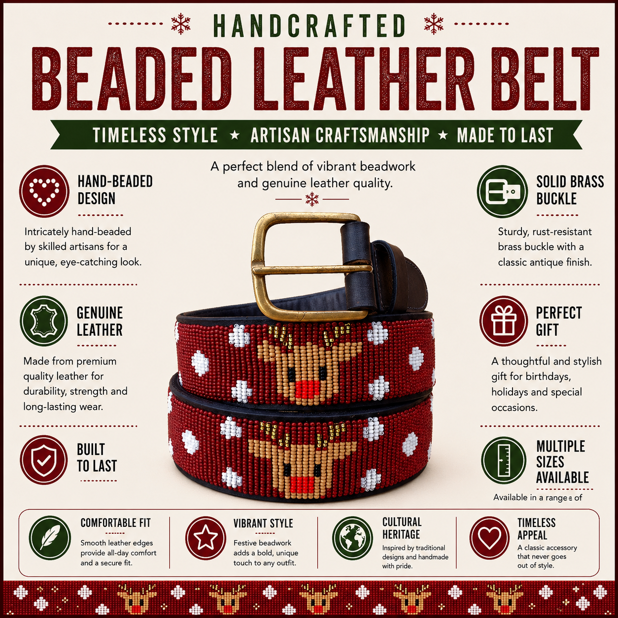 Handcrafted Maasai Belt - Rudolph Reindeer
