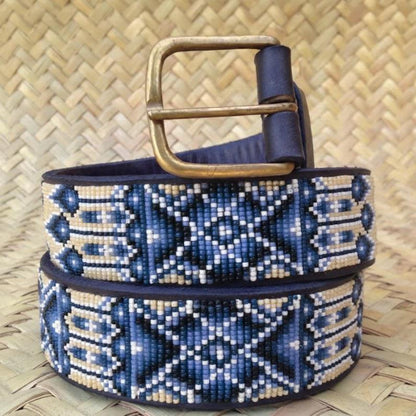 Handcrafted Maasai Belt - Ivory Blue Geometric