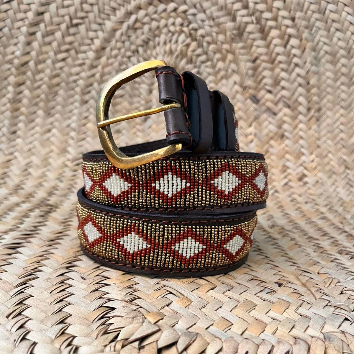 Handcrafted Maasai Belt - Gold Maroon Geometric