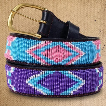 Handcrafted Maasai Belt - Pink Blue Geometric