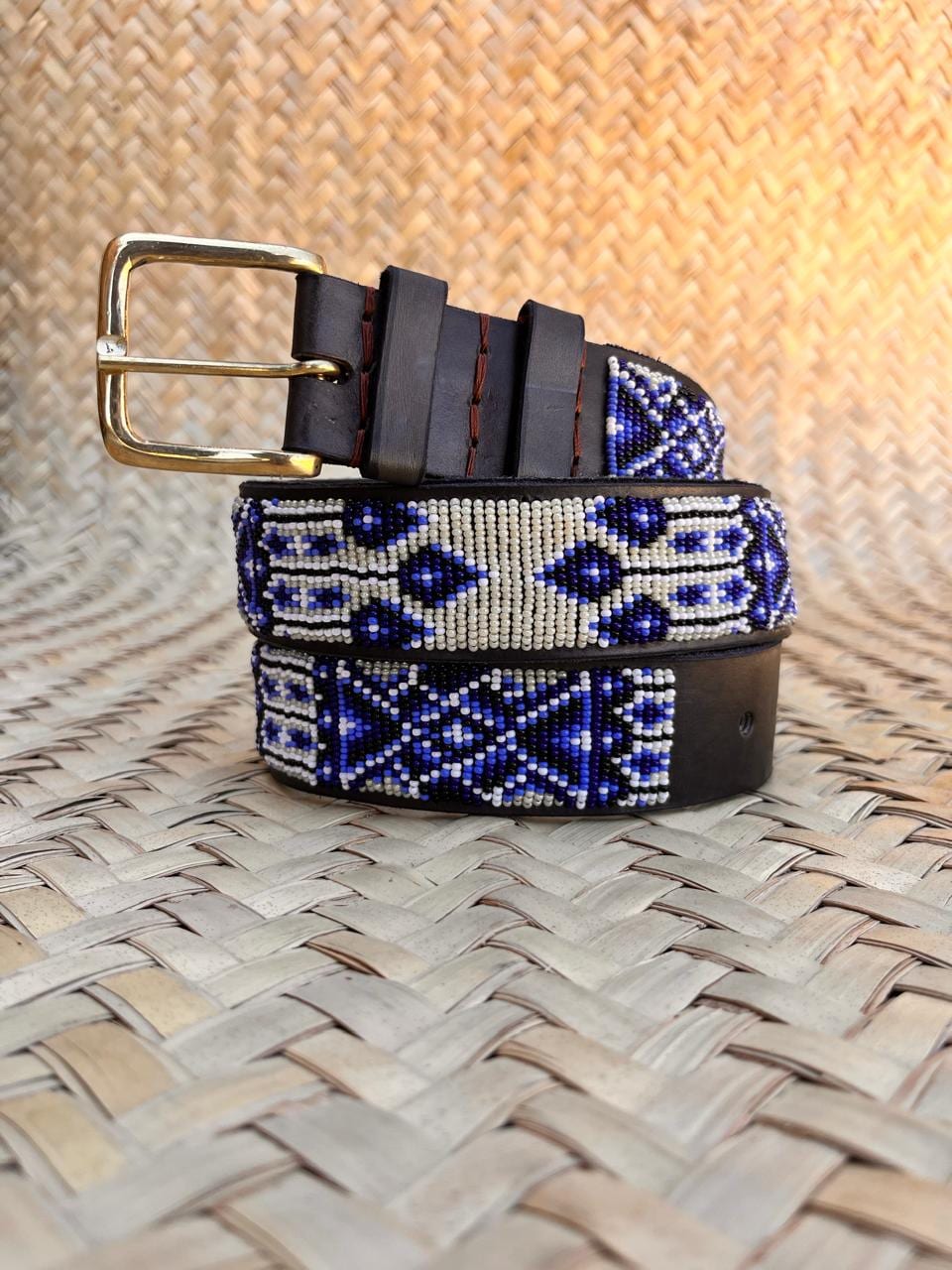 Handcrafted Maasai Belt - Ivory Blue Geometric