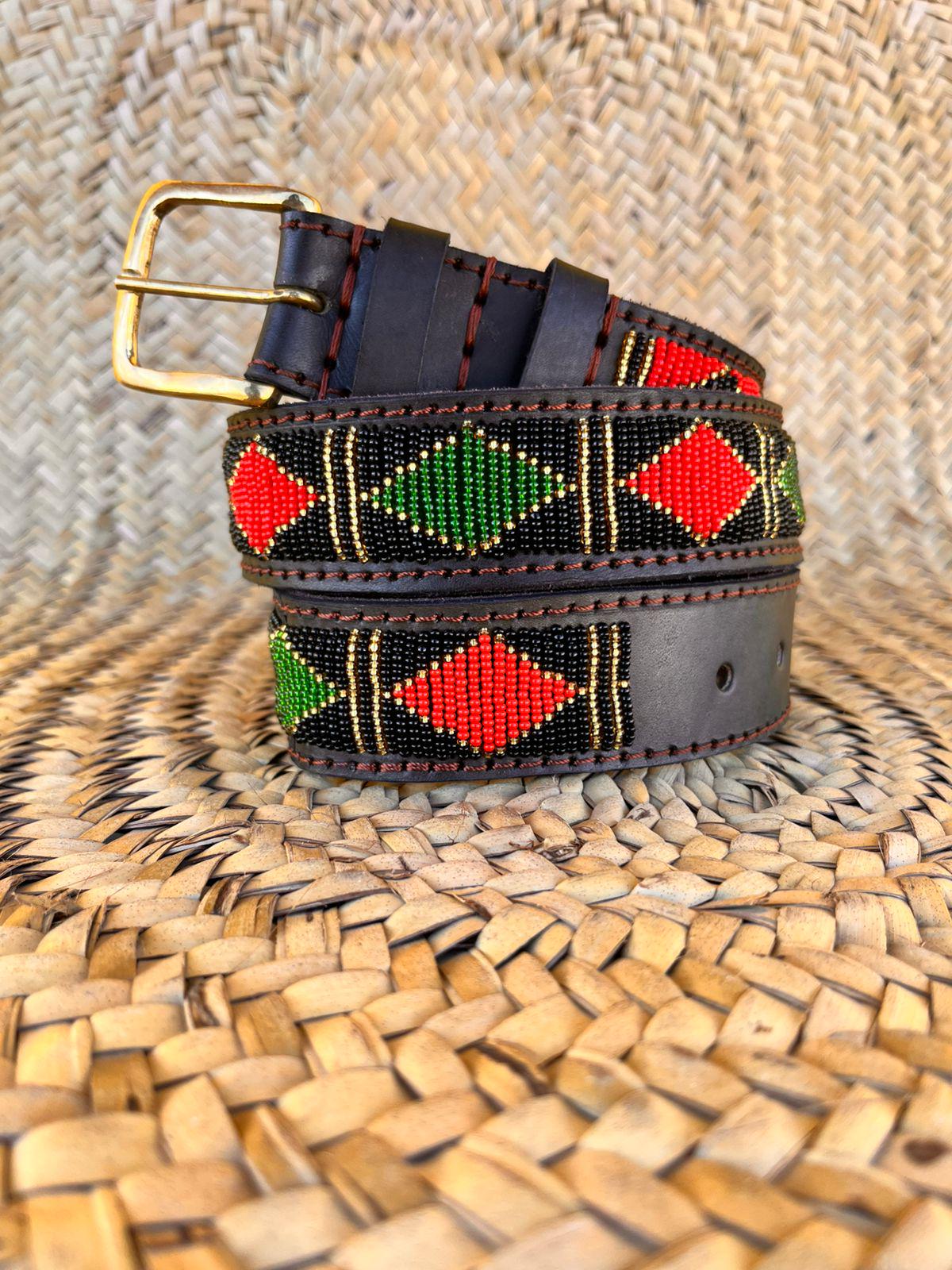 Handcrafted Maasai Belt - Red Green Geometric