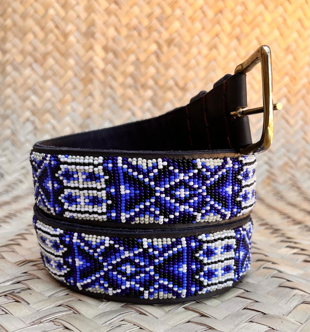 Handcrafted Maasai Belt - Ivory Blue Geometric