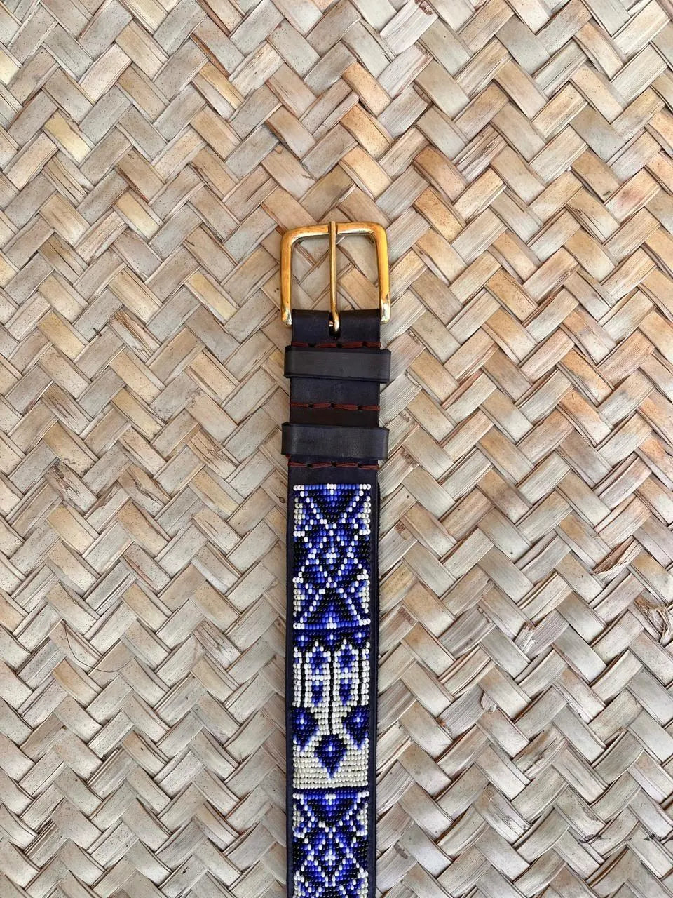 Handcrafted Maasai Belt - Ivory Blue Geometric