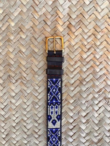 Handcrafted Maasai Belt - Ivory Blue Geometric