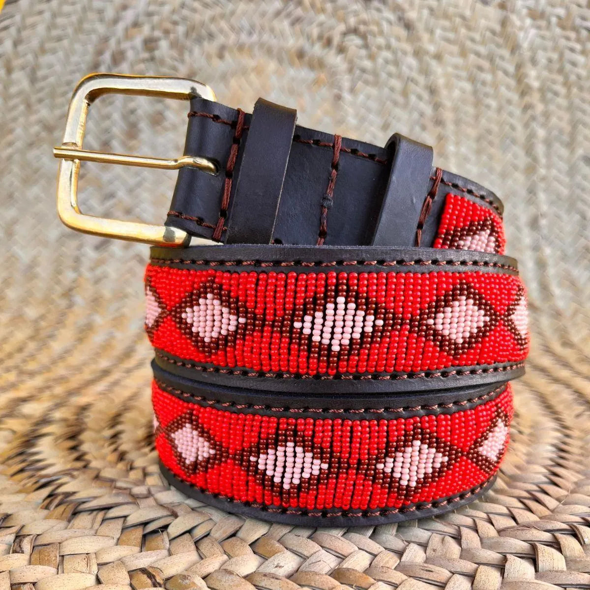 Handcrafted Maasai Belt - Burgundy Geometric
