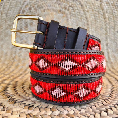 Handcrafted Maasai Belt - Burgundy Geometric
