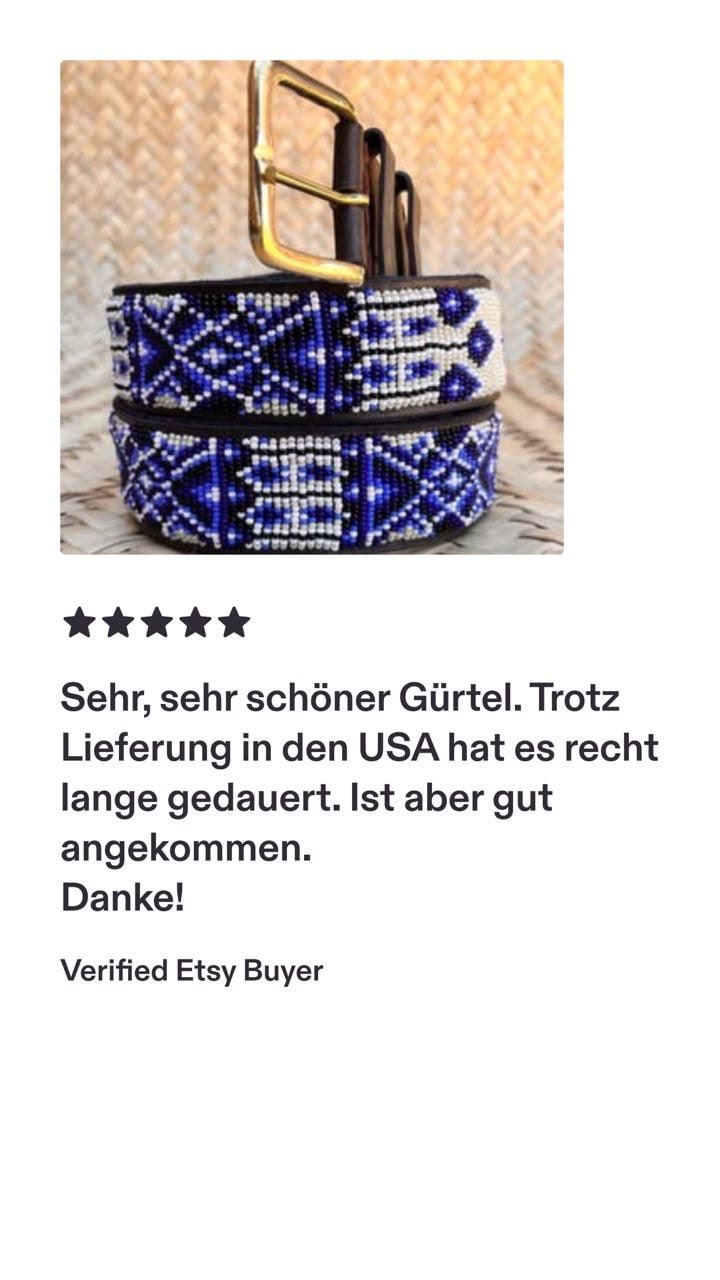 Handcrafted Maasai Belt - Ivory Blue Geometric