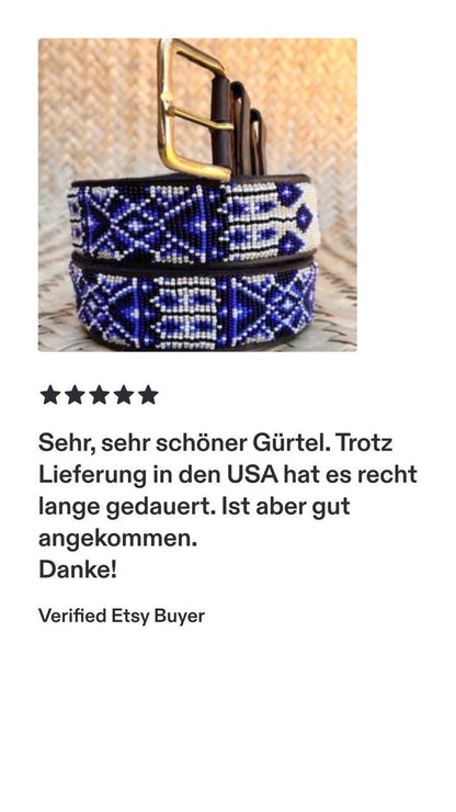 Handcrafted Maasai Belt - Ivory Blue Geometric