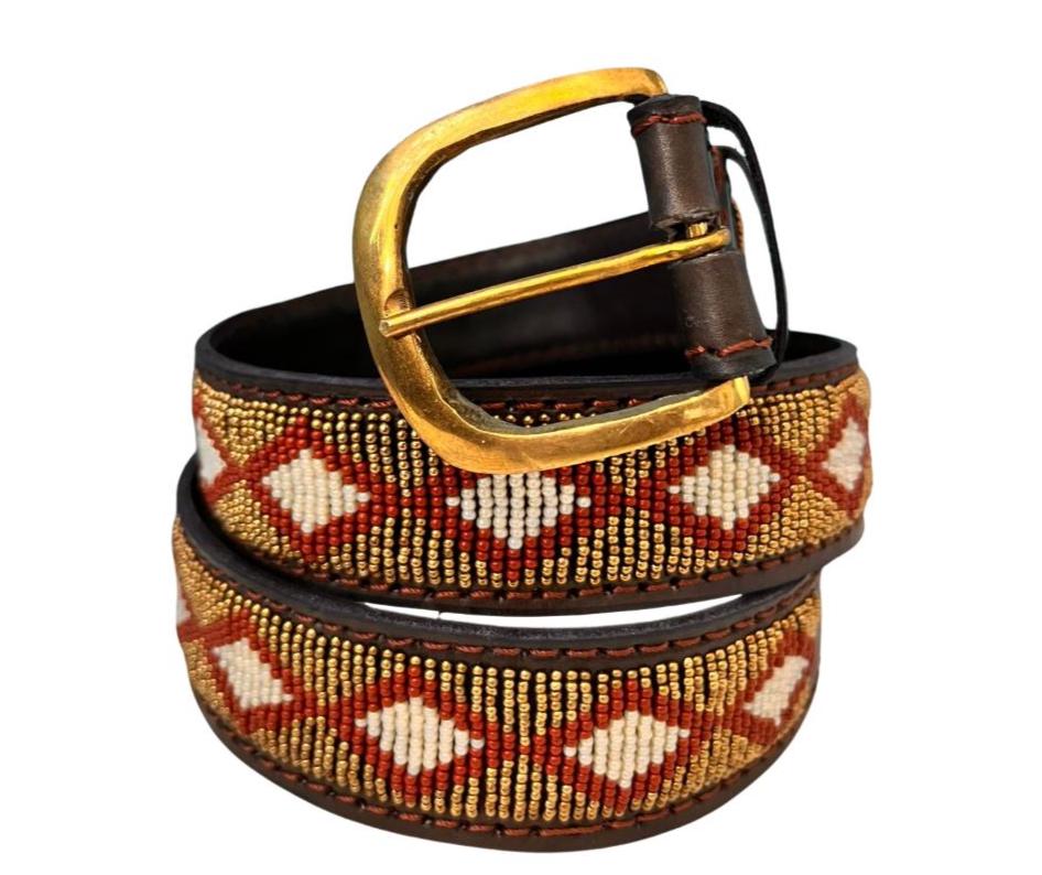 Handcrafted Maasai Belt - Gold Maroon Geometric