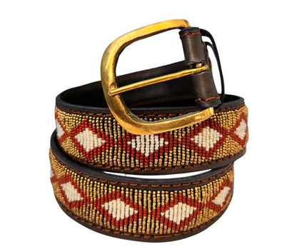 Handcrafted Maasai Belt - Gold Maroon Geometric