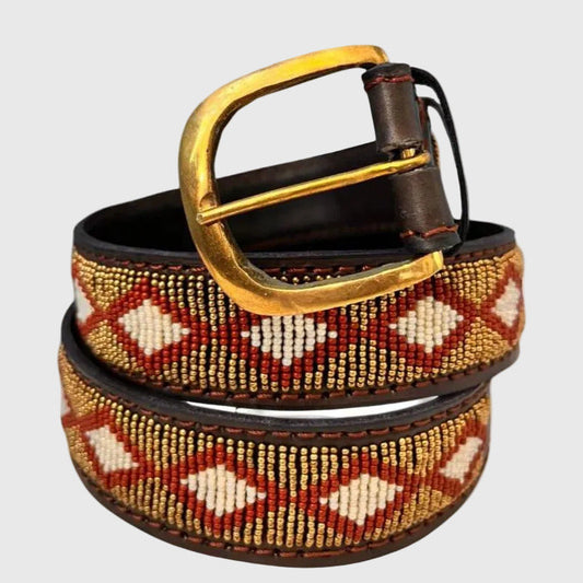Handcrafted Maasai Belt - Gold Maroon Geometric