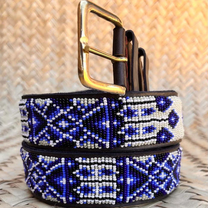 Handcrafted Maasai Belt - Ivory Blue Geometric