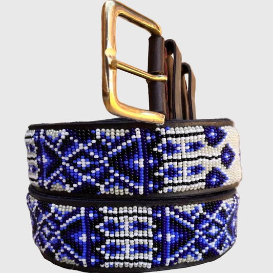 Handcrafted Maasai Belt - Ivory Blue Geometric