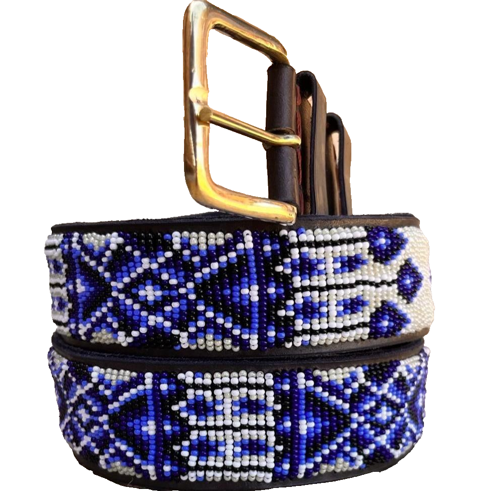 Handcrafted Maasai Belt - Ivory Blue Geometric