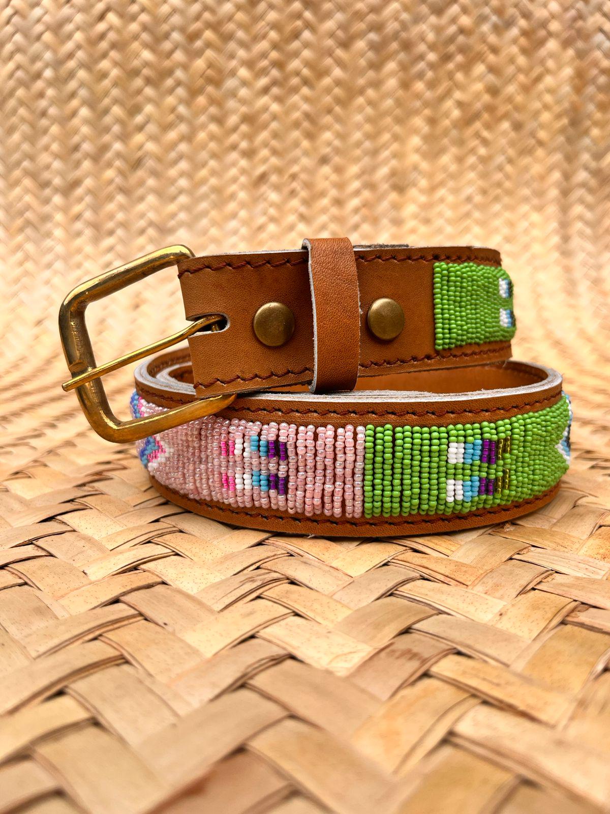 Handcrafted Maasai Belt - Pink Green Geometric