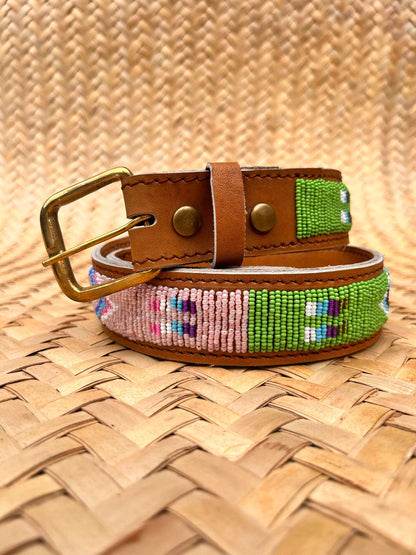 Handcrafted Maasai Belt - Pink Green Geometric
