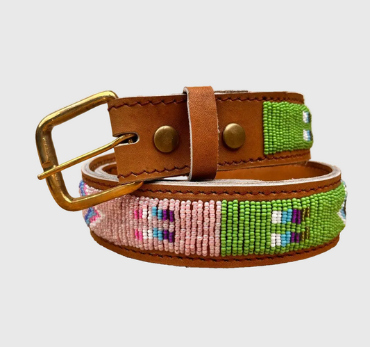 Handcrafted Maasai Belt - Pink Green Geometric